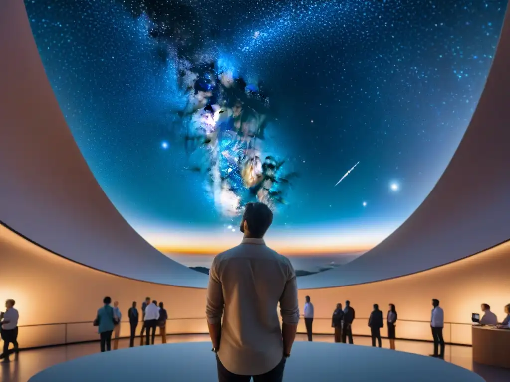 Grupo interdisciplinario de científicos en observatorio avanzado, discutiendo sobre alineación planetaria y estelar