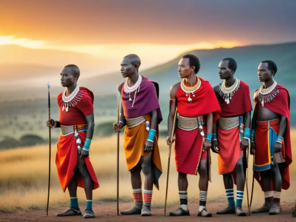 Grupo de jóvenes guerreros Maasai en la sabana al atardecer, resaltando la importancia cultural de los Ritos de Pasaje en tribus africanas