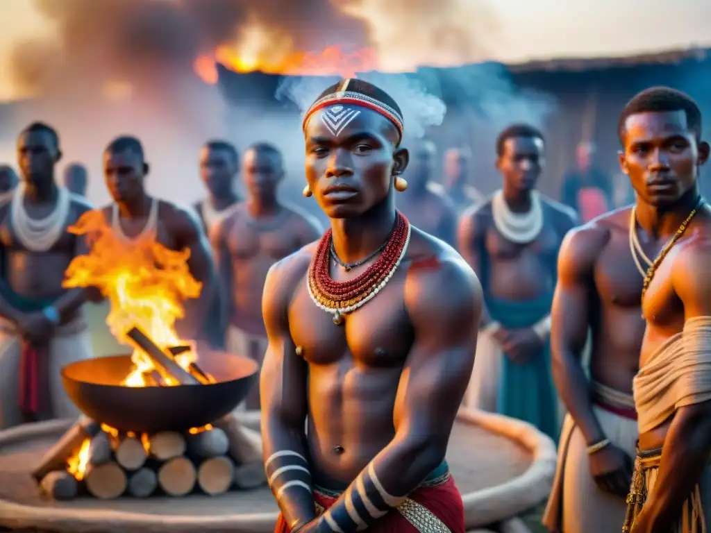 Grupo de jóvenes iniciados africanos en ritual alrededor del fuego, expresiones intensas y pinturas corporales, ciclos rituales iniciación africanos