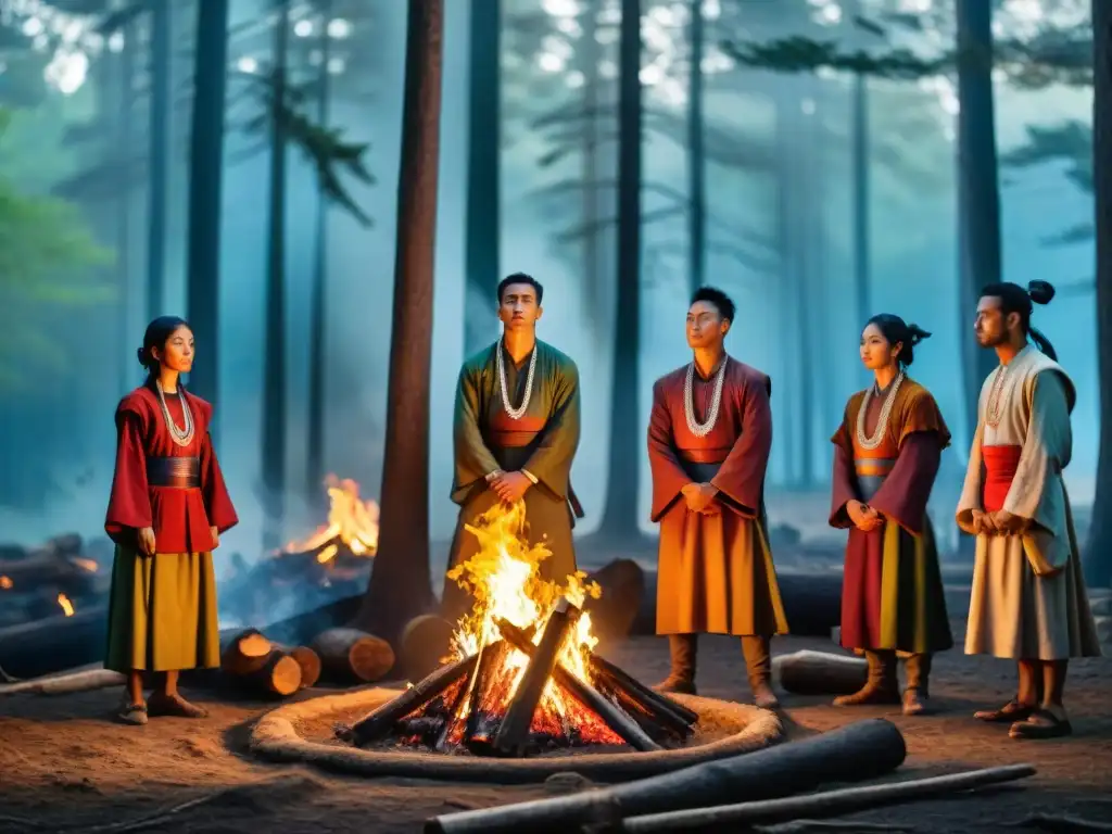 Grupo de jóvenes iniciados en ceremonias, rodeando una fogata en un bosque antiguo