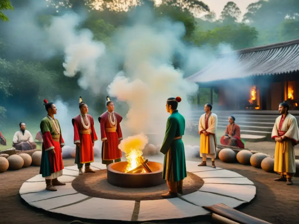 Grupo de jóvenes iniciados en rituales de iniciación en civilizaciones antiguas, en ceremonia con chamán en bosque exuberante