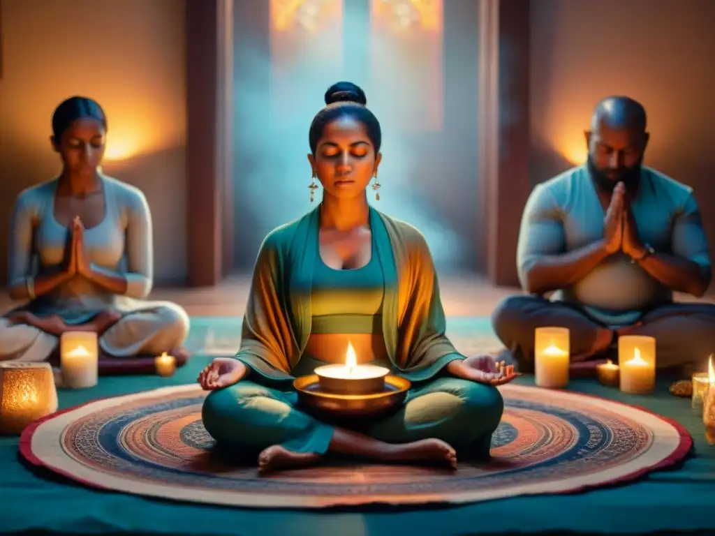 Grupo meditando con mantras sanadores en India Antigua, en un ambiente sereno y espiritual iluminado por velas