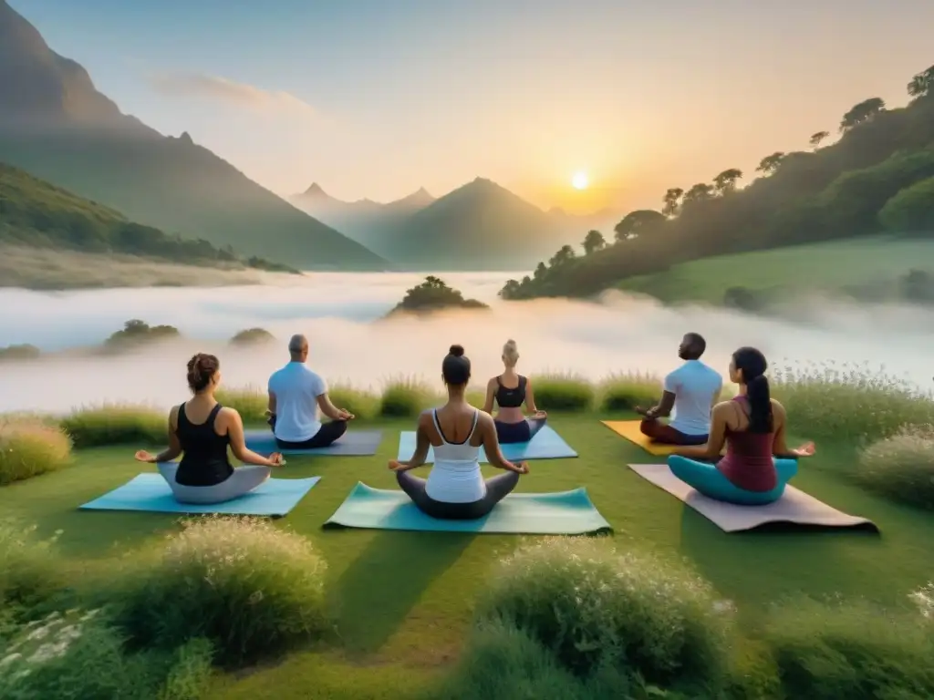 Grupo en meditación con mantras sánscrito al amanecer en un prado sereno