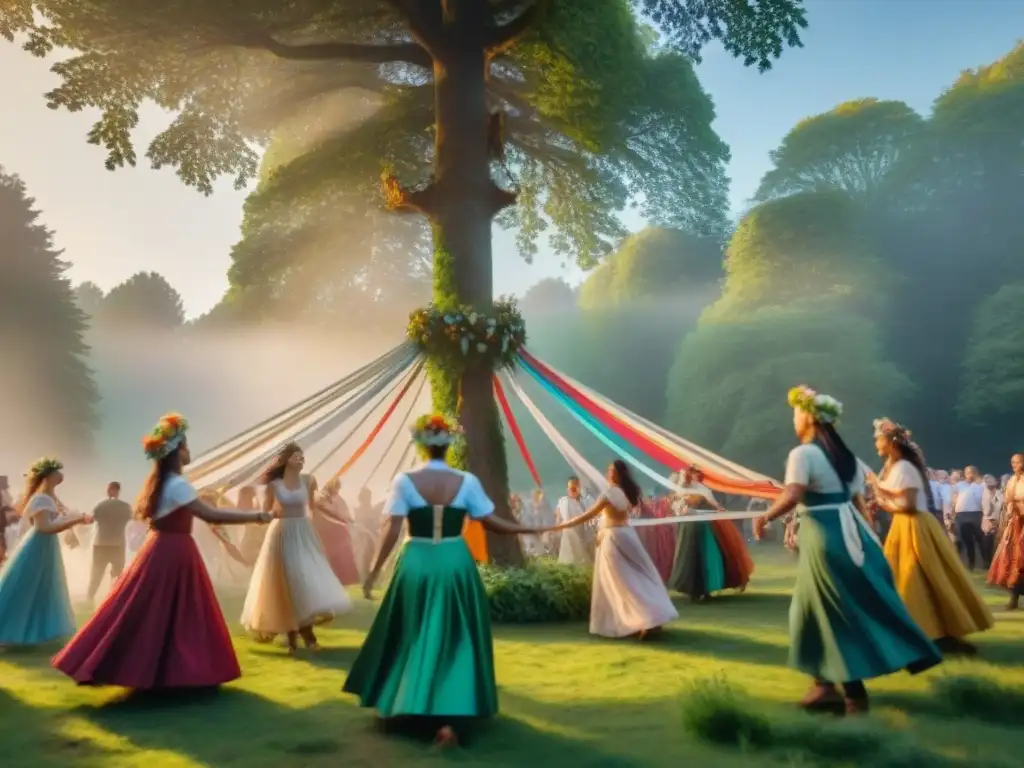 Grupo danzando alrededor del maypole en un bosque verde, evocando los Misterios de la celebración Beltane