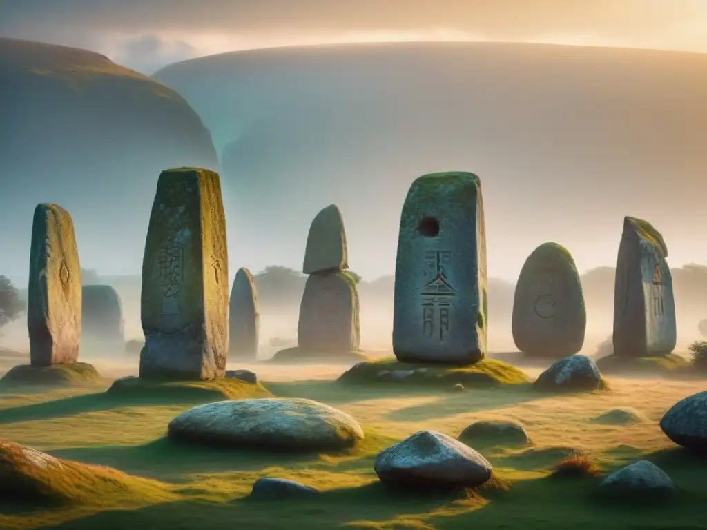 Grupo de menhires ancestrales en un paisaje místico al amanecer, con símbolos grabados