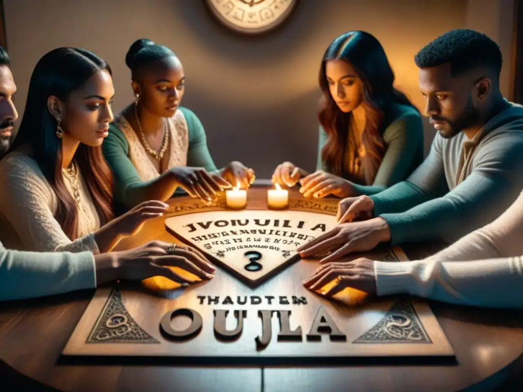 Un grupo en una mesa de Ouija, con velas danzantes y atmósfera misteriosa