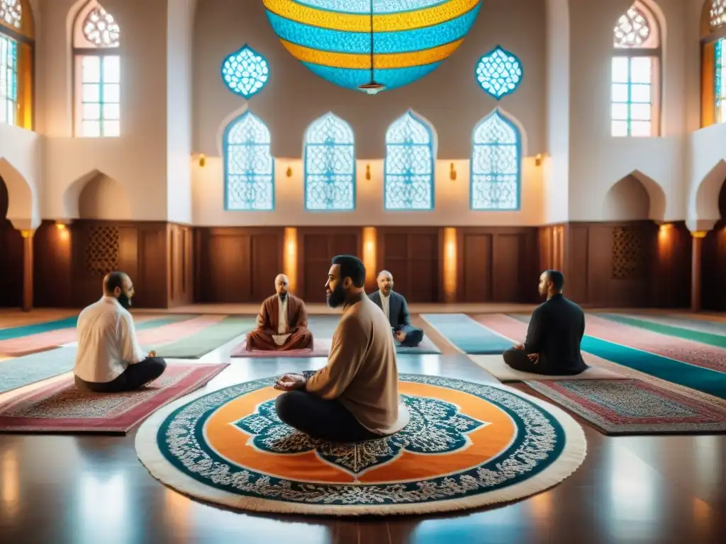 Grupo en meditación Sufí en una mezquita ornamental, iluminada por vitrales, potenciando el poder curativo meditaciones sufíes