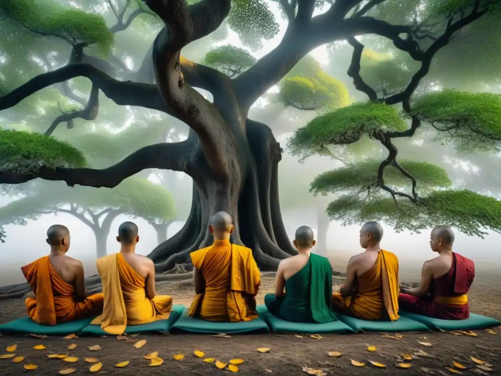 Grupo de monjes budistas meditando bajo el árbol Bodhi, iluminados por la suave luz matutina