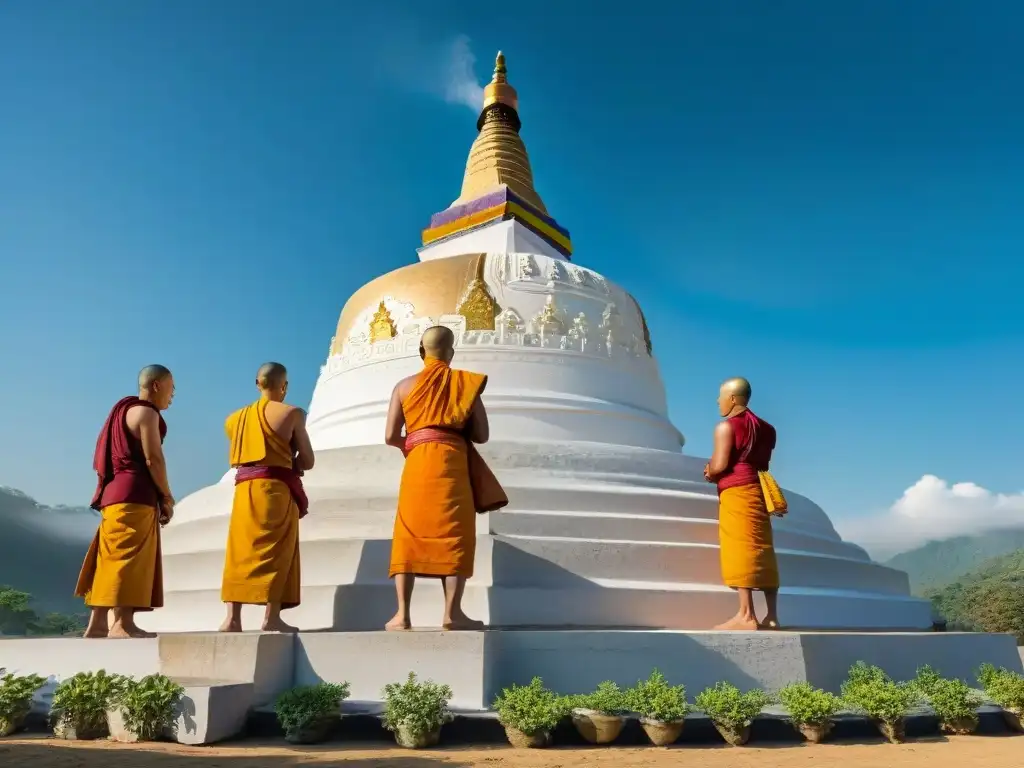 Un grupo de monjes budistas renueva con devoción una majestuosa Stupa antigua, rodeados de naturaleza, en una escena de paz y renovación espiritual