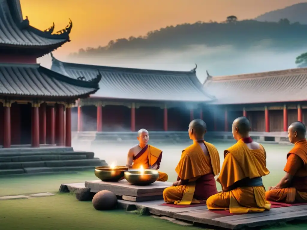 Un grupo de monjes budistas en prácticas espirituales antiguas, cantan al amanecer en un templo ancestral