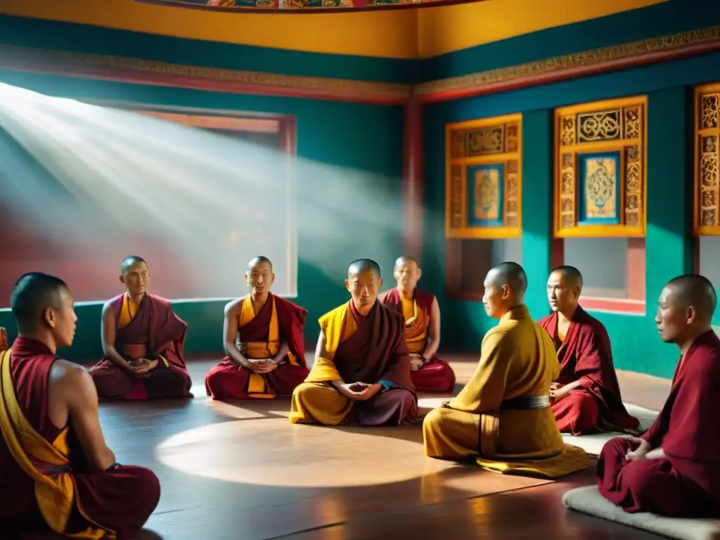 Grupo de monjes tibetanos meditando en círculo en un monasterio colorido, con expresiones serenas