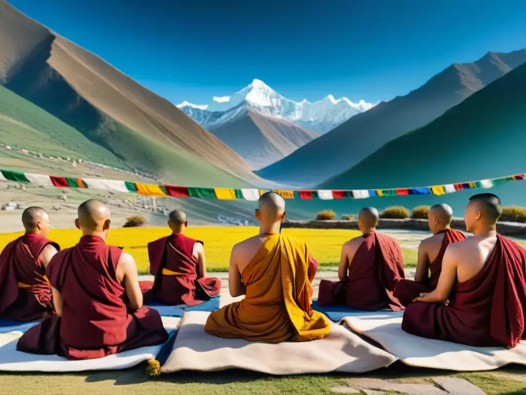 Un grupo de monjes tibetanos medita en un monasterio, rodeados de banderas de oración bajo el cielo azul de los Himalayas