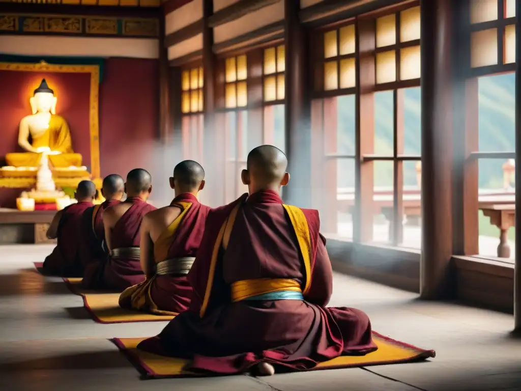 Grupo de monjes tibetanos en meditación, transmitiendo paz interior en un monasterio del Tíbet