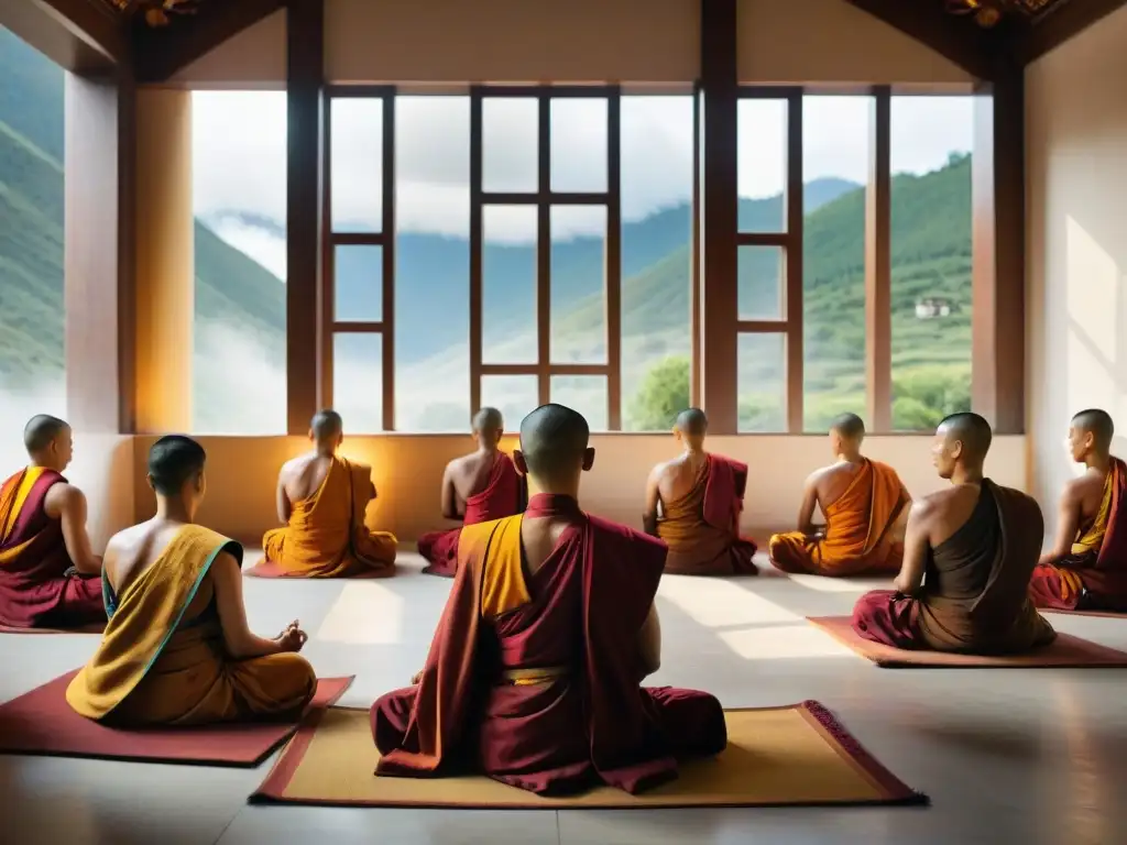 Grupo de monjes tibetanos en meditación, transmitiendo paz interior en monasterio del Tíbet