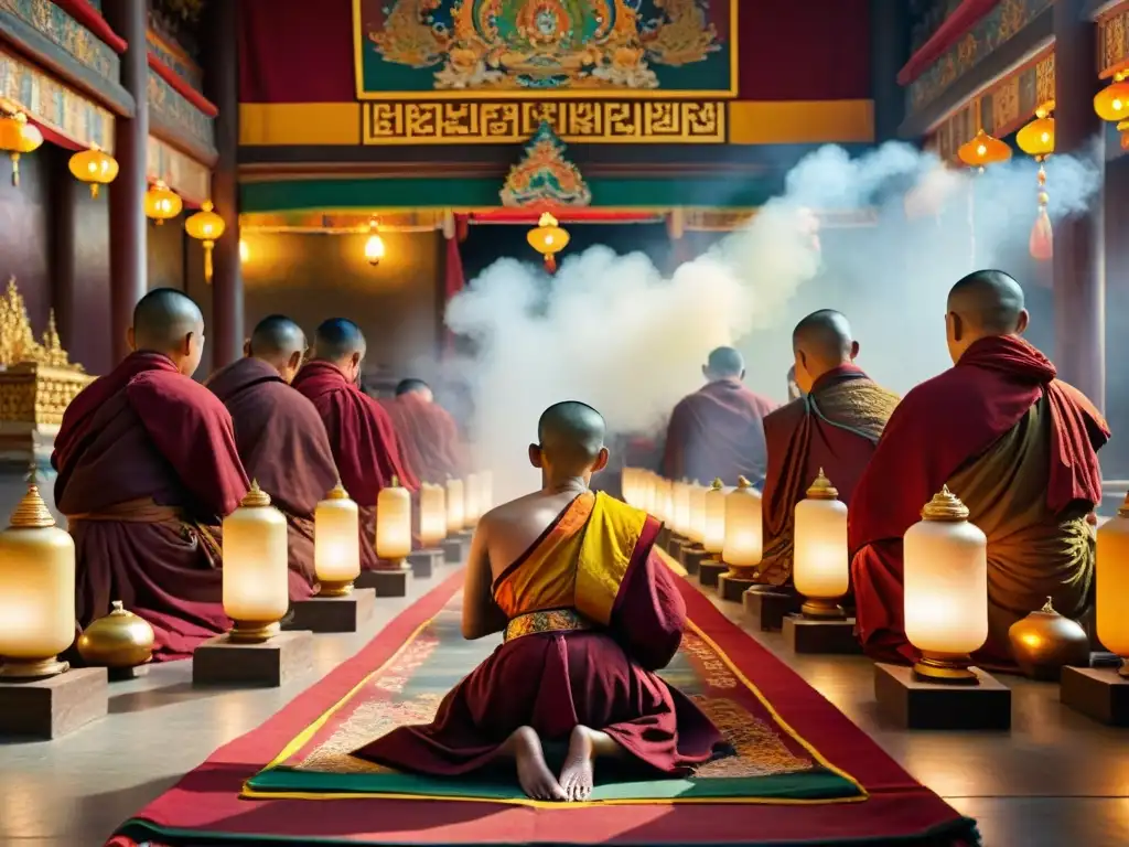 Grupo de monjes tibetanos rezando en un templo decorado, transmitiendo el significado espiritual de la vestimenta tibetana