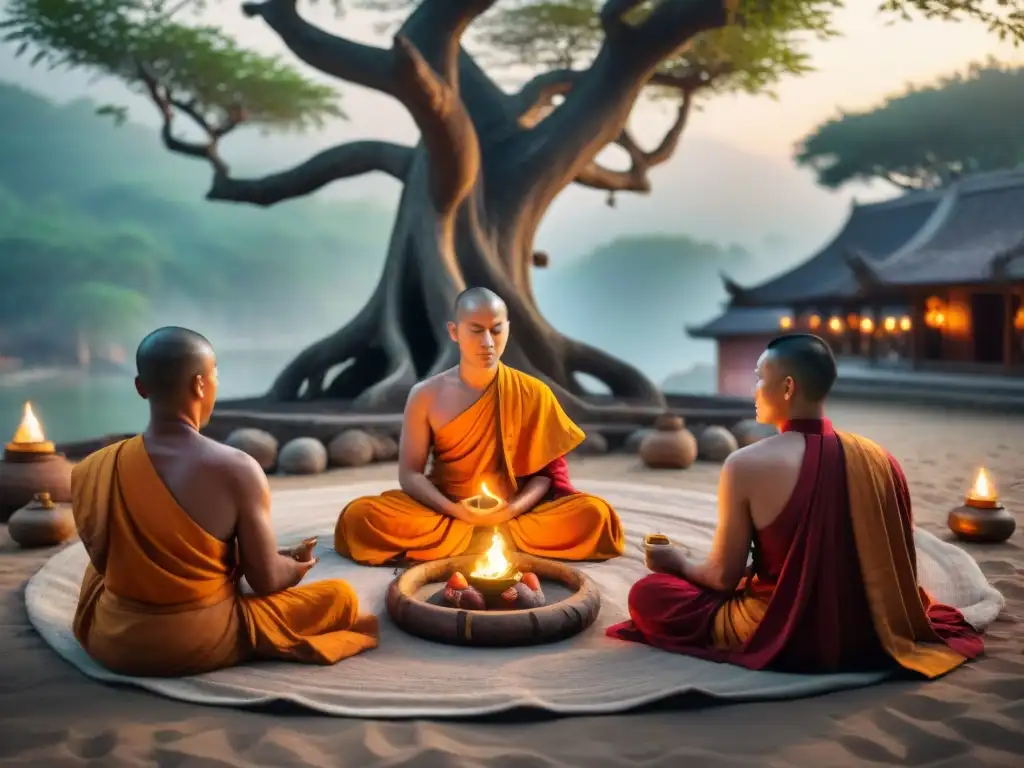 Grupo de monjes de tradiciones budistas e hindúes, cantando bajo un árbol Bodhi con velas