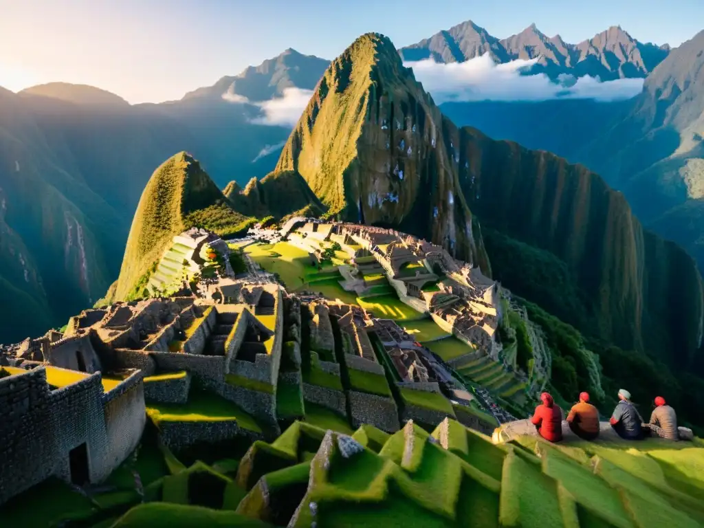 Grupo meditando al amanecer en Machu Picchu, entre montañas andinas cubiertas de neblina