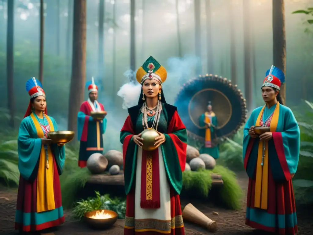 Grupo de movimientos neopaganos en ritual en un bosque místico con trajes coloridos y símbolos, creando conexión espiritual