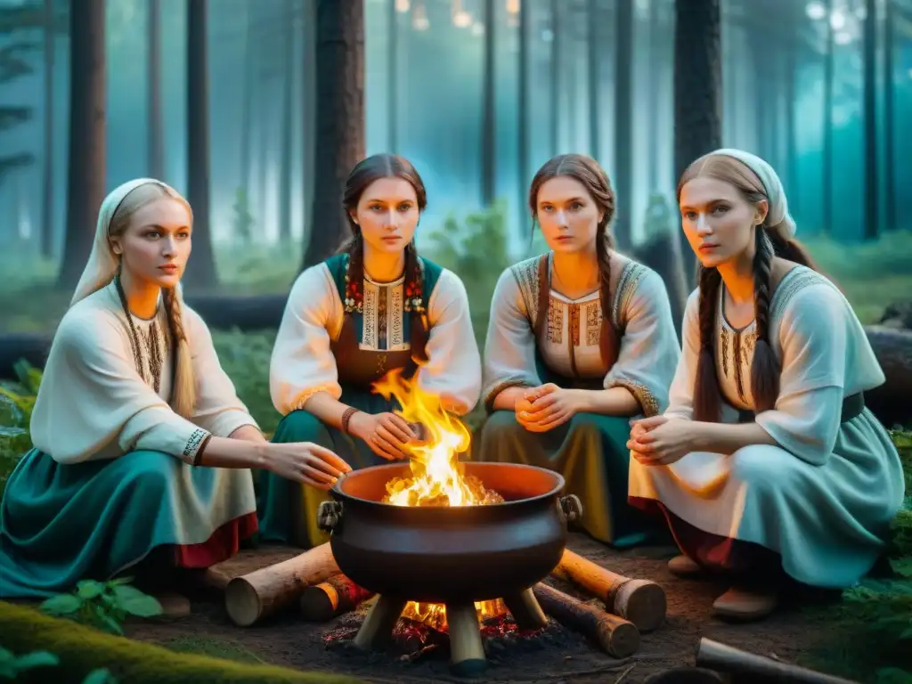 Hechiceras eslavas: magia y sabiduría ancestral en el bosque Un grupo de mujeres eslavas en un claro del bosque, preparando una poción mágica