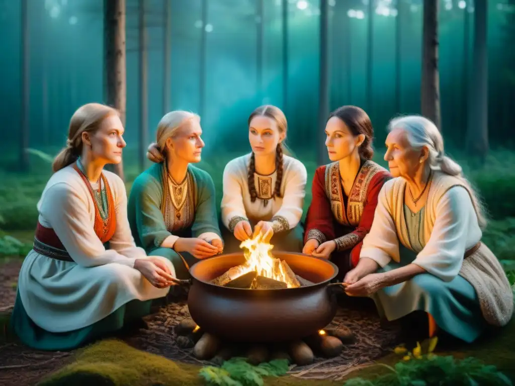 Hechizo ancestral: mujeres eslavas en ritual místico Un grupo de mujeres mayores en atuendos eslavos tradicionales realizando un ritual místico en el bosque