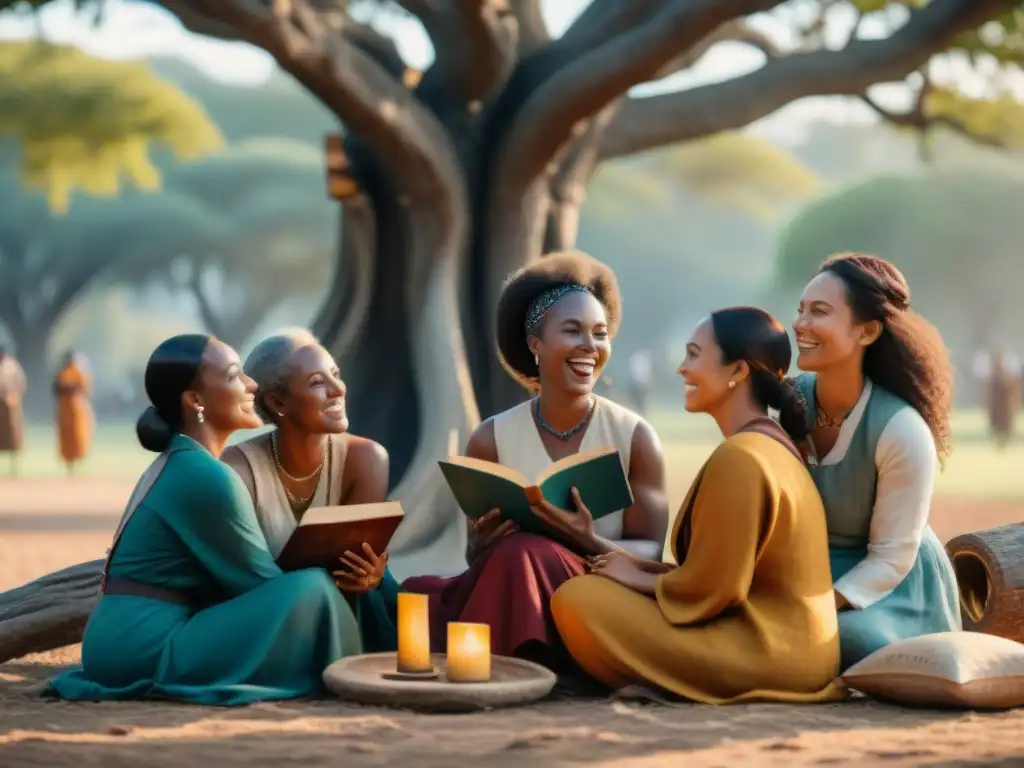 Grupo de mujeres narradoras tradición oral, compartiendo sabiduría y risas bajo un árbol ancestral entre libros y artefactos