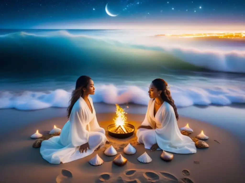 Un grupo de mujeres en túnicas blancas realizando un ritual místico en la playa a la luz de la luna