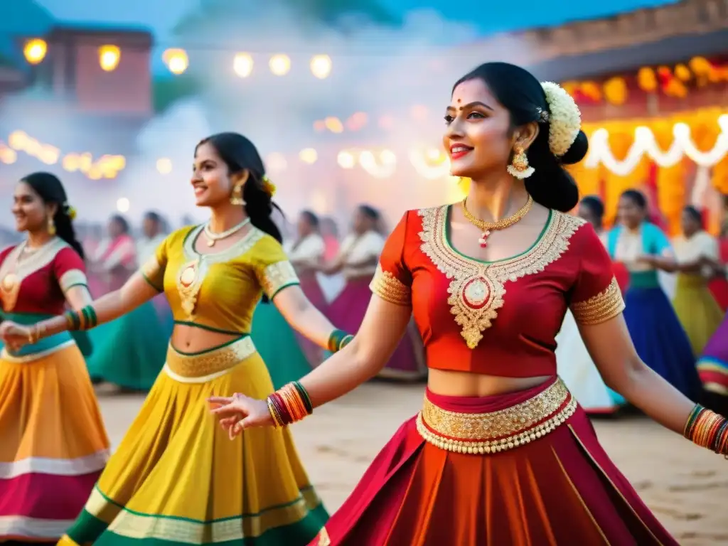 Grupo de mujeres danzando en vibrante celebración de Garba durante festivales antiguos India dioses