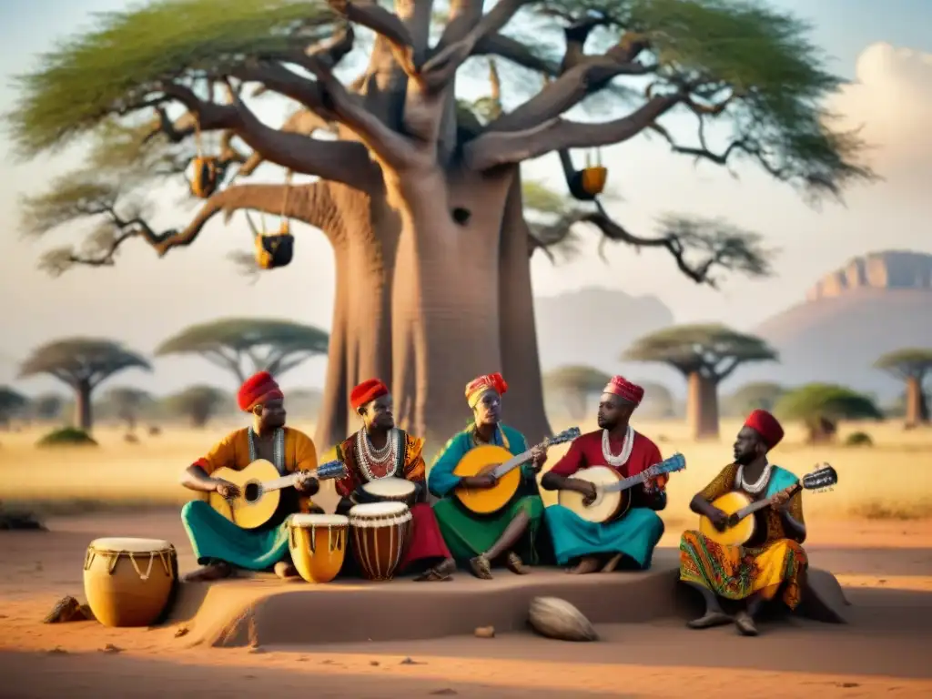 Un grupo de músicos africanos tocando bajo un baobab, vistiendo atuendos tradicionales coloridos