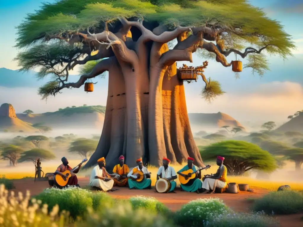 Un grupo de músicos africanos tocando instrumentos tradicionales bajo un baobab gigante, rodeados de un paisaje vibrante