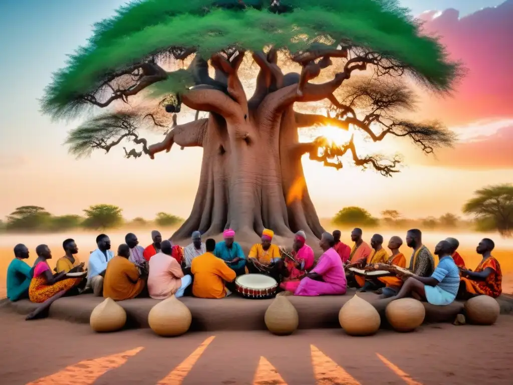 Un grupo de músicos africanos tocando instrumentos tradicionales bajo un baobab, uniendo culturas con música africana influenciando géneros actuales