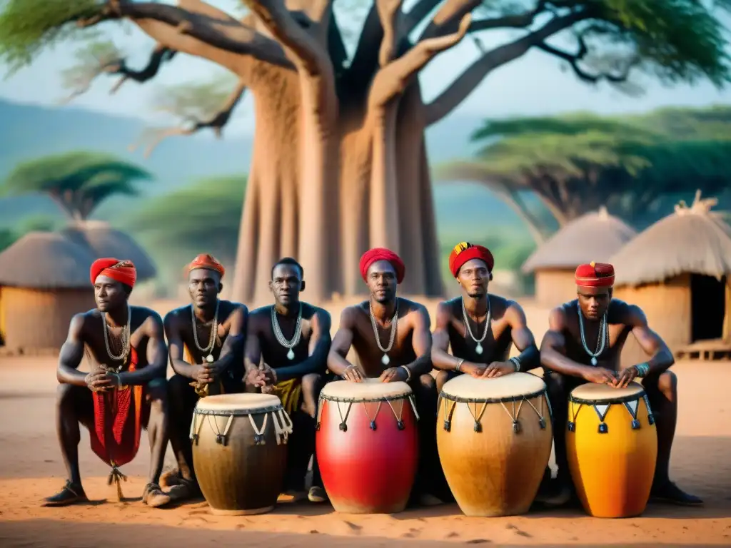 Un grupo de músicos africanos toca tambores bajo un baobab, con vibrantes trajes tradicionales