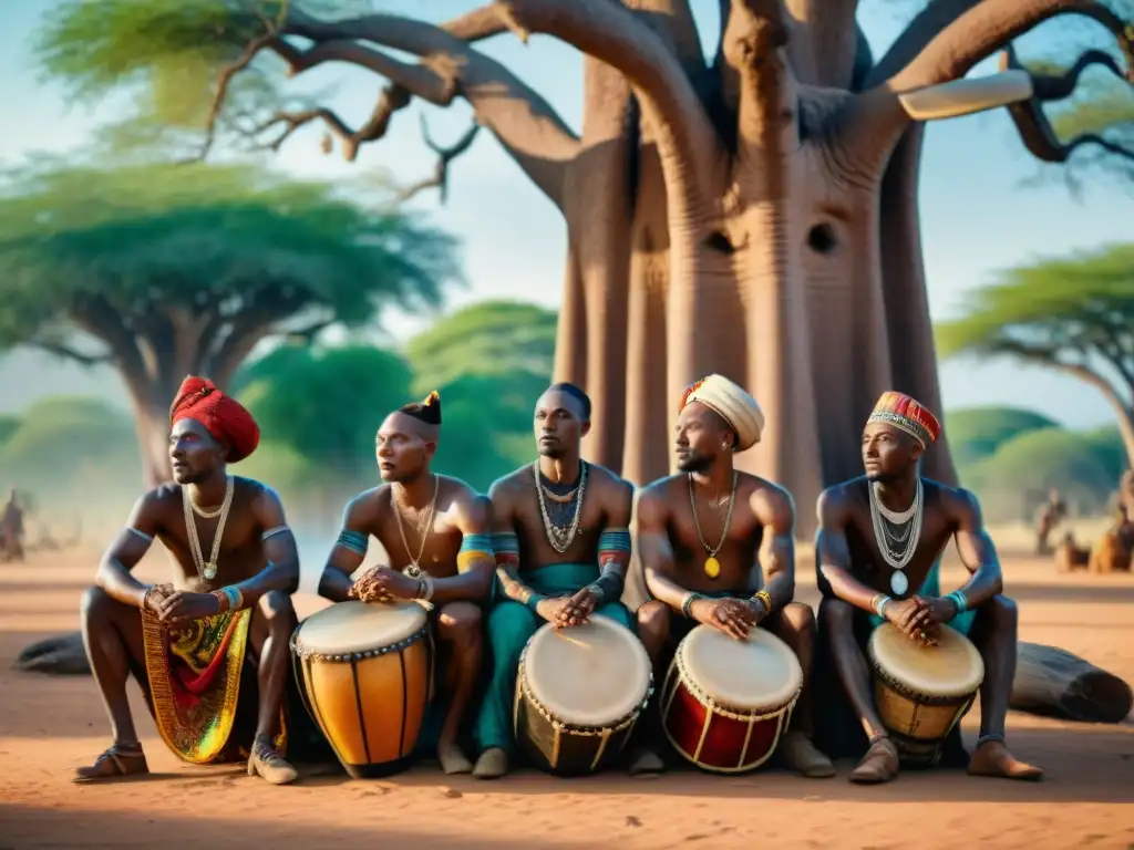 Un grupo de músicos africanos con tatuajes tribales y vestimenta colorida tocando tambores bajo un baobab