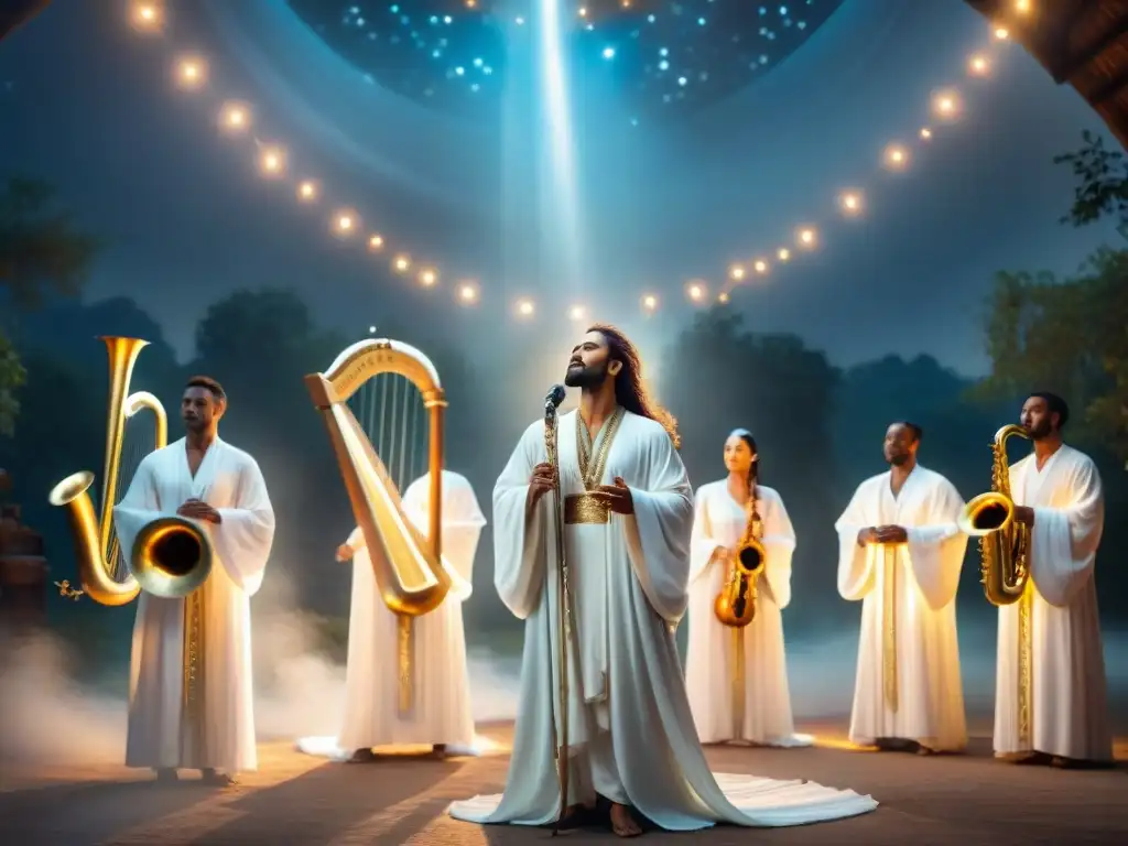 Un grupo de músicos antiguos viste túnicas blancas, rodeados de arpas luminosas, tocando música celestial bajo un cielo estrellado