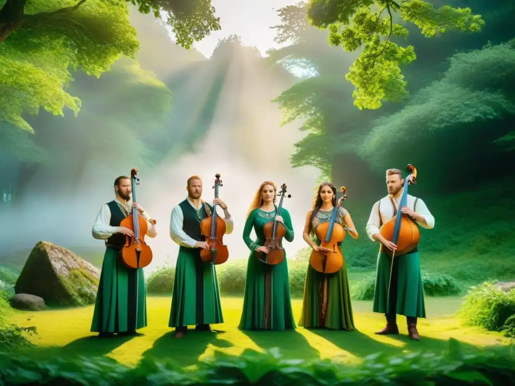 Grupo de músicos celtas en un bosque tocando instrumentos tradicionales rodeados de símbolos antiguos