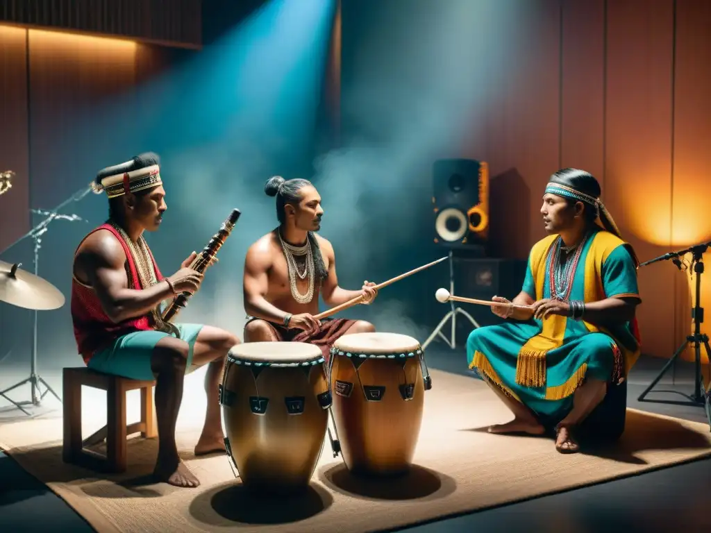 Grupo de músicos indígenas tocando instrumentos tradicionales en un estudio de música contemporánea con sabiduría indígena