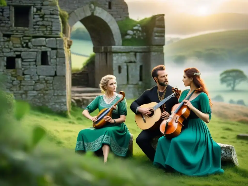 Grupo de músicos tocando instrumentos celtas en un campo verde, rodeados de ruinas, vistiendo trajes tradicionales