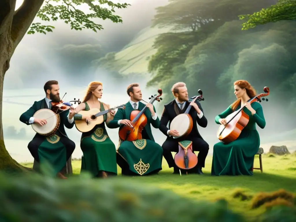 Grupo de músicos tocando instrumentos celtas en la campiña irlandesa, con sonidos ancestrales de los Celtas