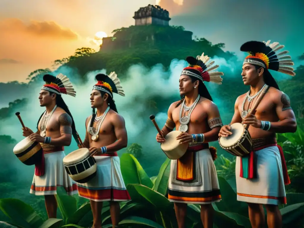 Grupo de músicos mayas en ritual sagrado bajo el atardecer, con cosmovisión musical maya