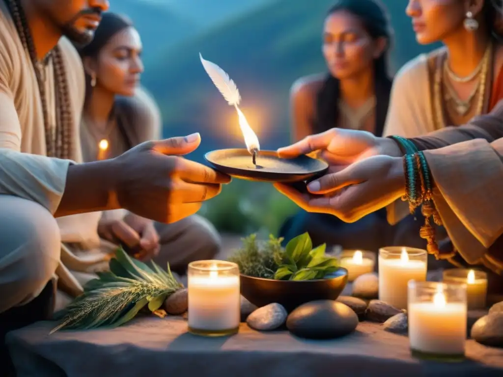 Grupo neopagano en ritual al anochecer con elementos naturales, reflejando cosmovisión espiritual neopaganismo antiguo