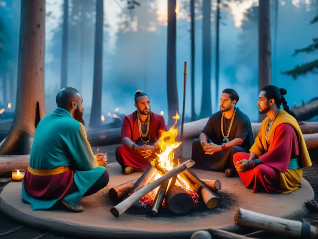 Grupo de neopaganos en ritual alrededor de fogata en el bosque al atardecer