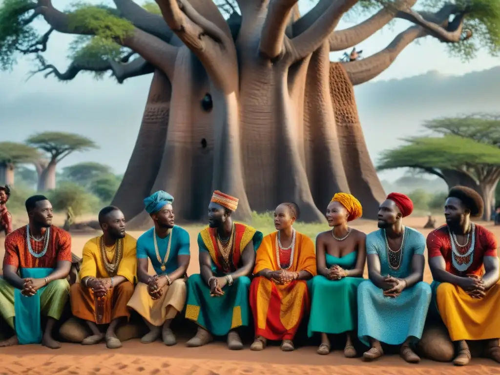 Grupo de griots en África Occidental recitando antiguas historias bajo un baobab, cautivando a la audiencia con respeto y admiración