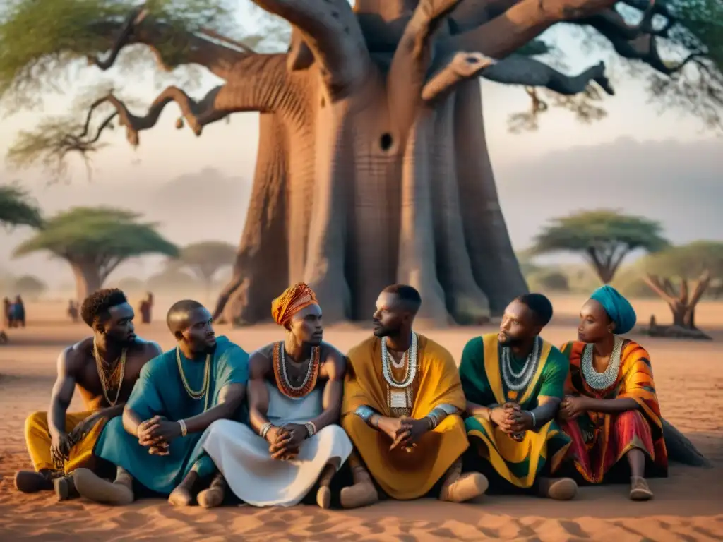 Un grupo de griots en África Occidental bajo un baobab al atardecer, transmitiendo historias a la comunidad