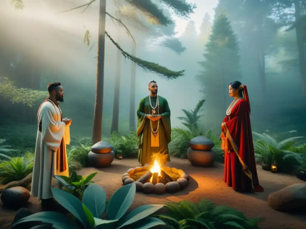 Un grupo de paganos modernos realiza un ritual en un frondoso bosque antiguo, mostrando reverencia y conexión con la naturaleza