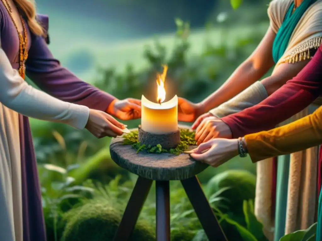 Un grupo de paganos en ritual en círculo de piedras, atardecer y bosque, en 'Revival Pagano: Desafíos Controversias'