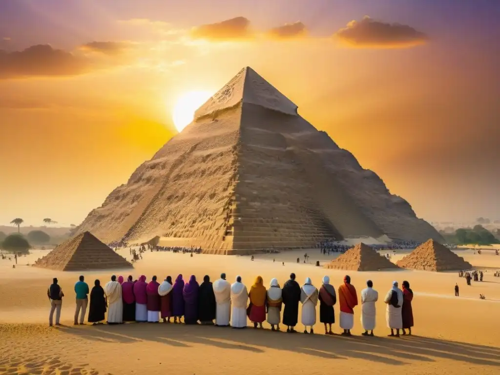 Un grupo de peregrinos maravillados ante la Gran Pirámide de Giza al atardecer, con los misterios del Ojo de Horus