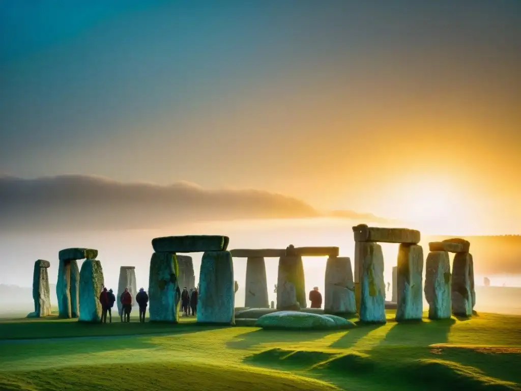 Grupo de peregrinos modernos maravillados en Stonehenge al amanecer