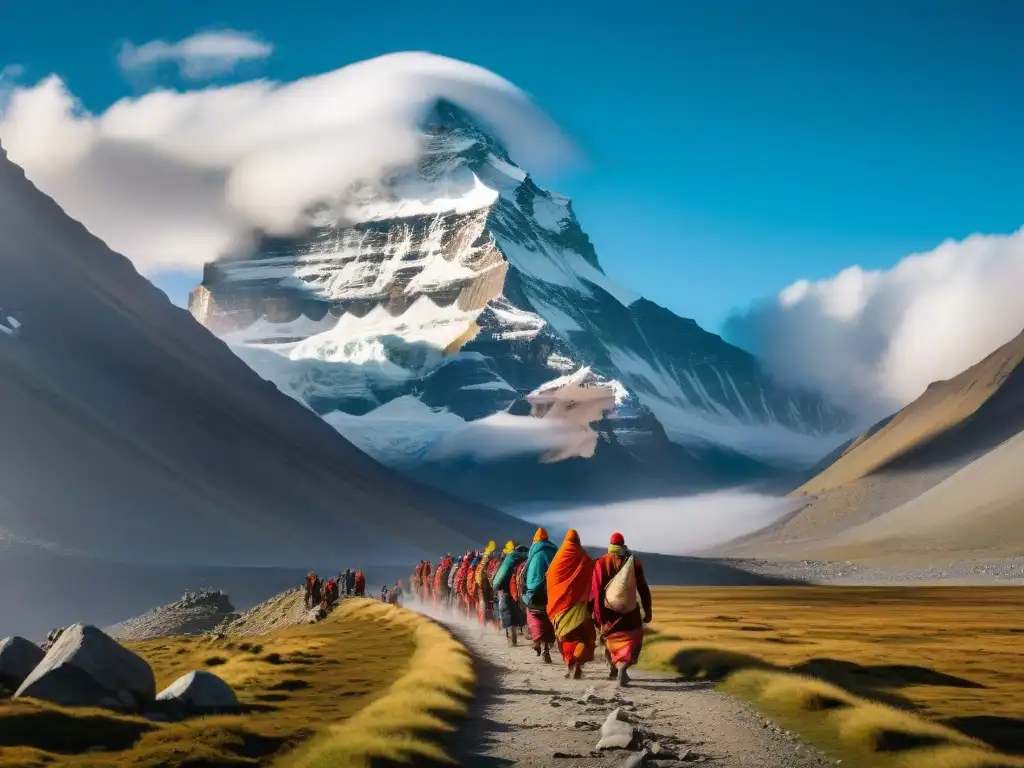 Grupo de peregrinos en retiro espiritual alrededor del Monte Kailash, con atuendos tradicionales y paisaje himalayo misterioso