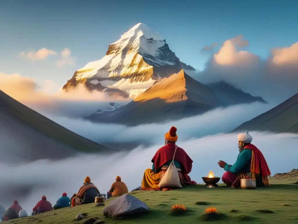 Un grupo de peregrinos realizando un ritual sagrado al amanecer cerca del Monte Kailash, envuelto en misterios espirituales