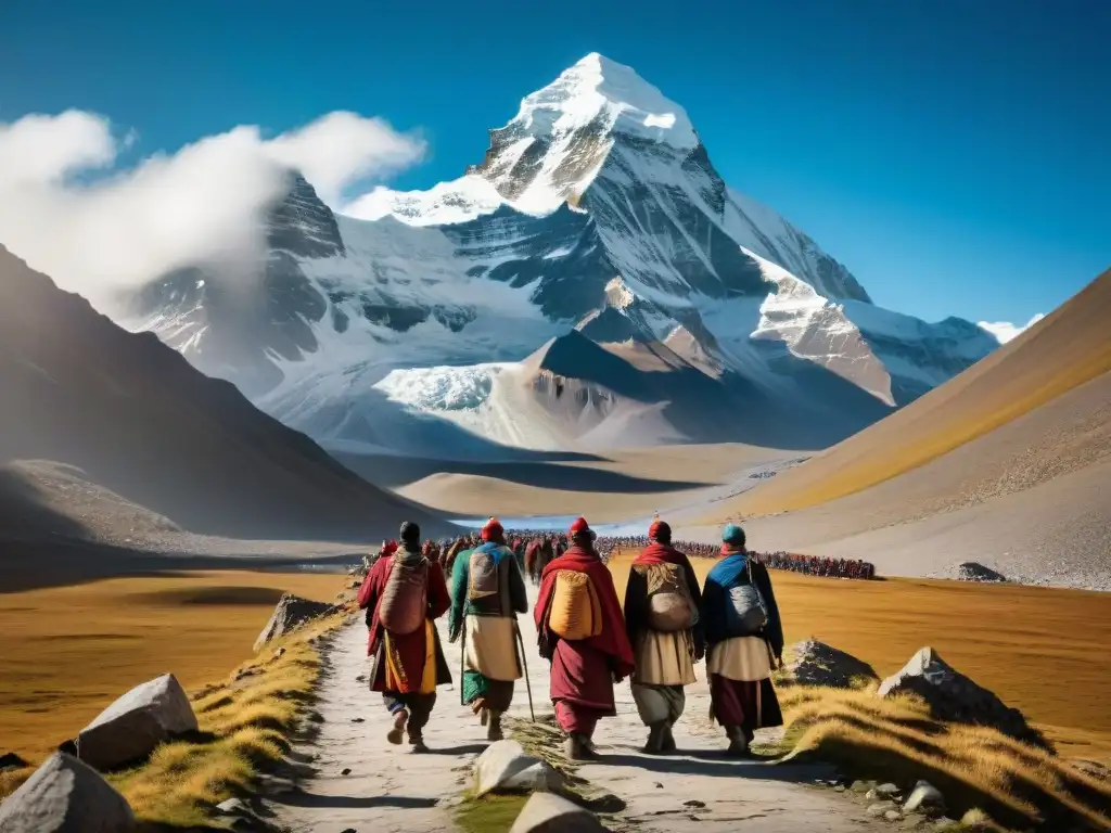 Grupo de peregrinos tibetanos en retiros espirituales alrededor del Monte Kailash, con banderas de oración y nieves eternas de fondo