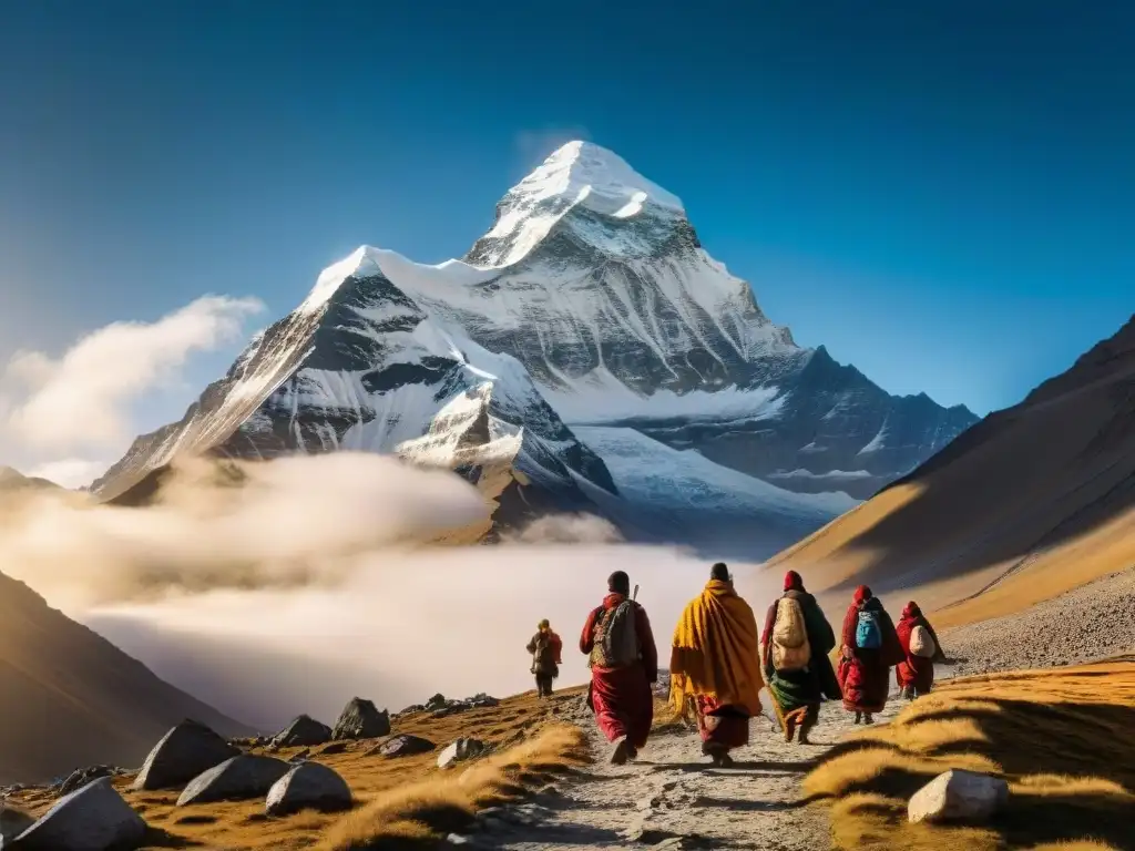 Un grupo de peregrinos inicia un viaje espiritual alrededor del Monte Kailash en Tibet, con una atmósfera serena y mística